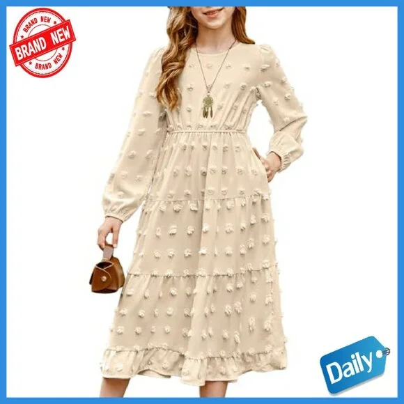 Girls Long Sleeve Maxi Dress with Pockets Polka Dot Tiered Hem 6-15Y